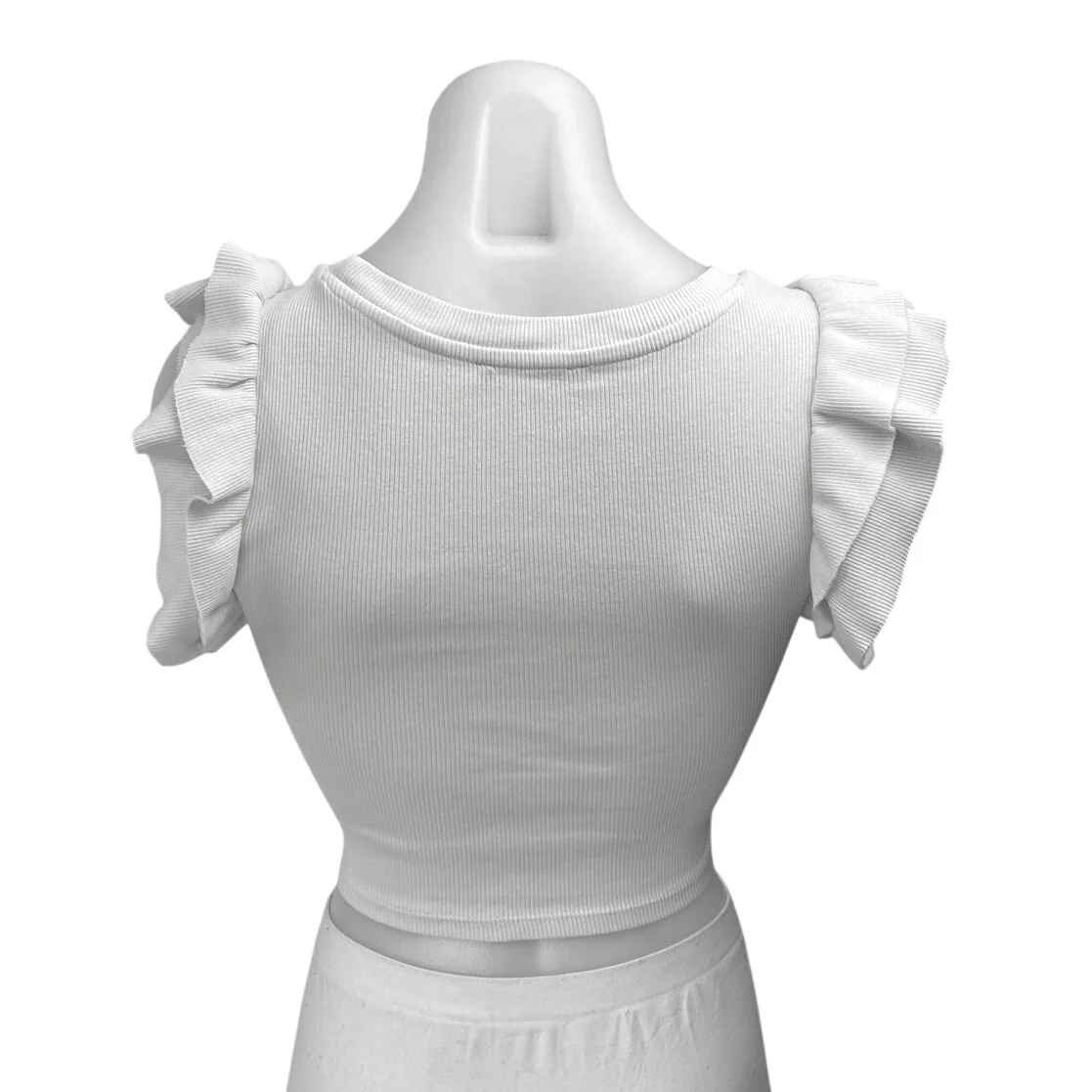 Zara Women's White Ruffle Sleeveless Ribbed Knit Blouse Crewneck Crop Top Size S - Image 2