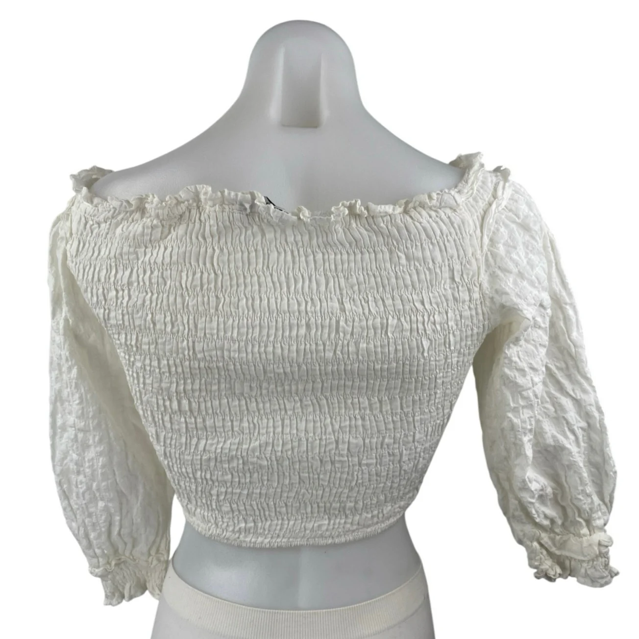Zara Women's White Smocked Ruffle V Neck Half Sleeve Blouse Crop Top Size S - Image 2