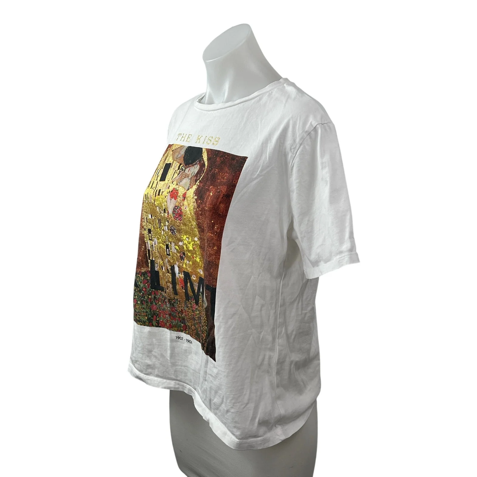 Zara Women's White The Kiss Klimt Painting Short Sleeve T Shirt Tee Top Size S - Image 2