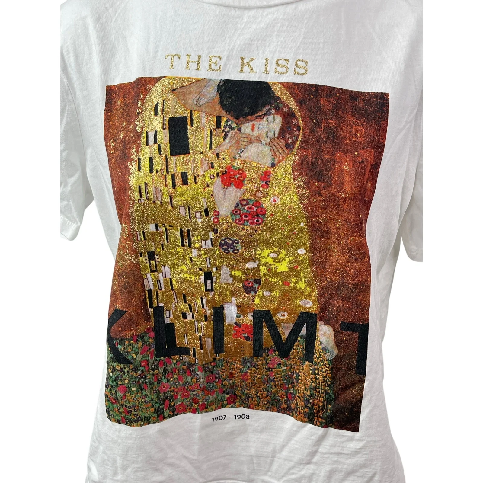 Zara Women's White The Kiss Klimt Painting Short Sleeve T Shirt Tee Top Size S - Image 3