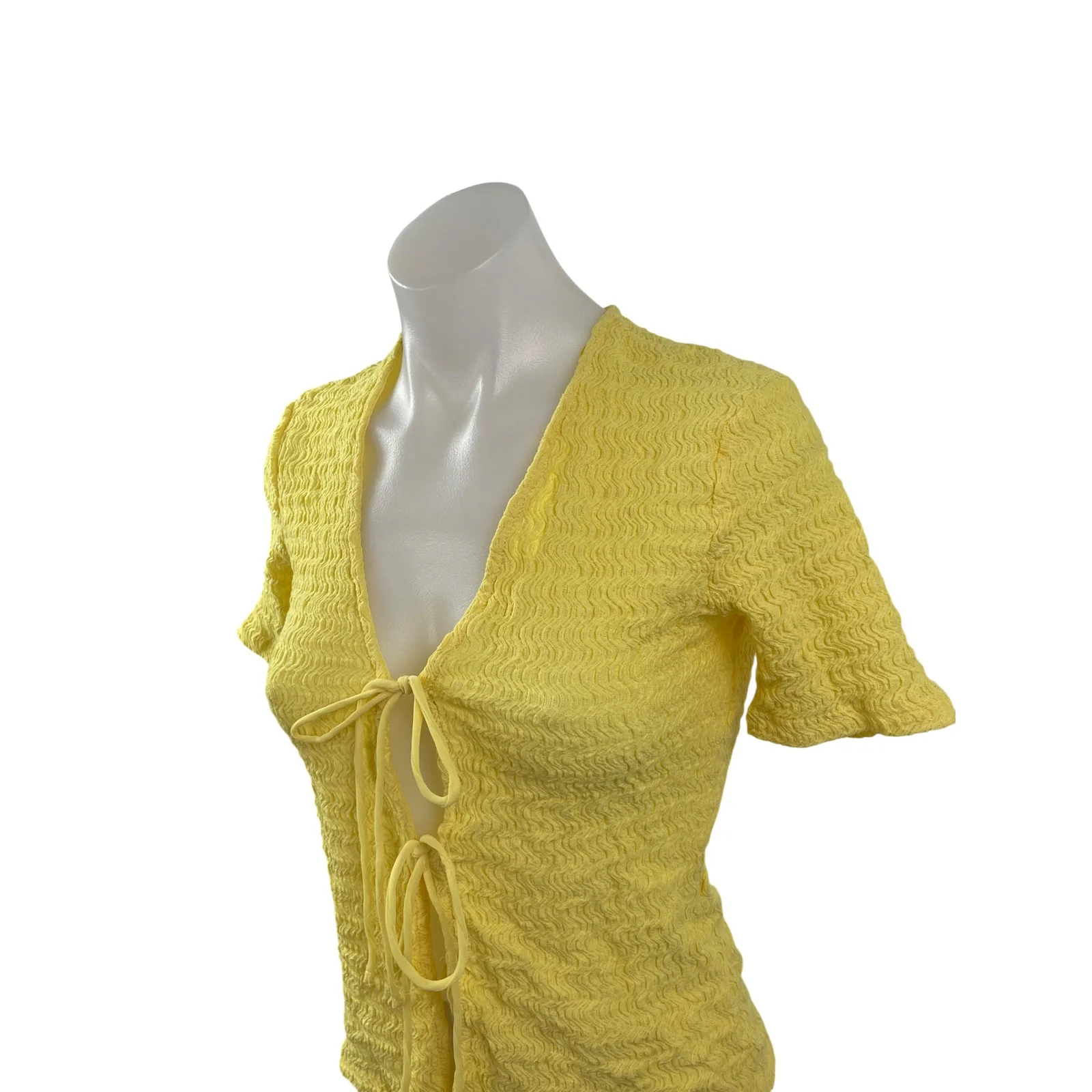 Zara Women's Yellow Smocked Tie Front V Neck Short Sleeve Crop Blouse Top Sz S - Image 2