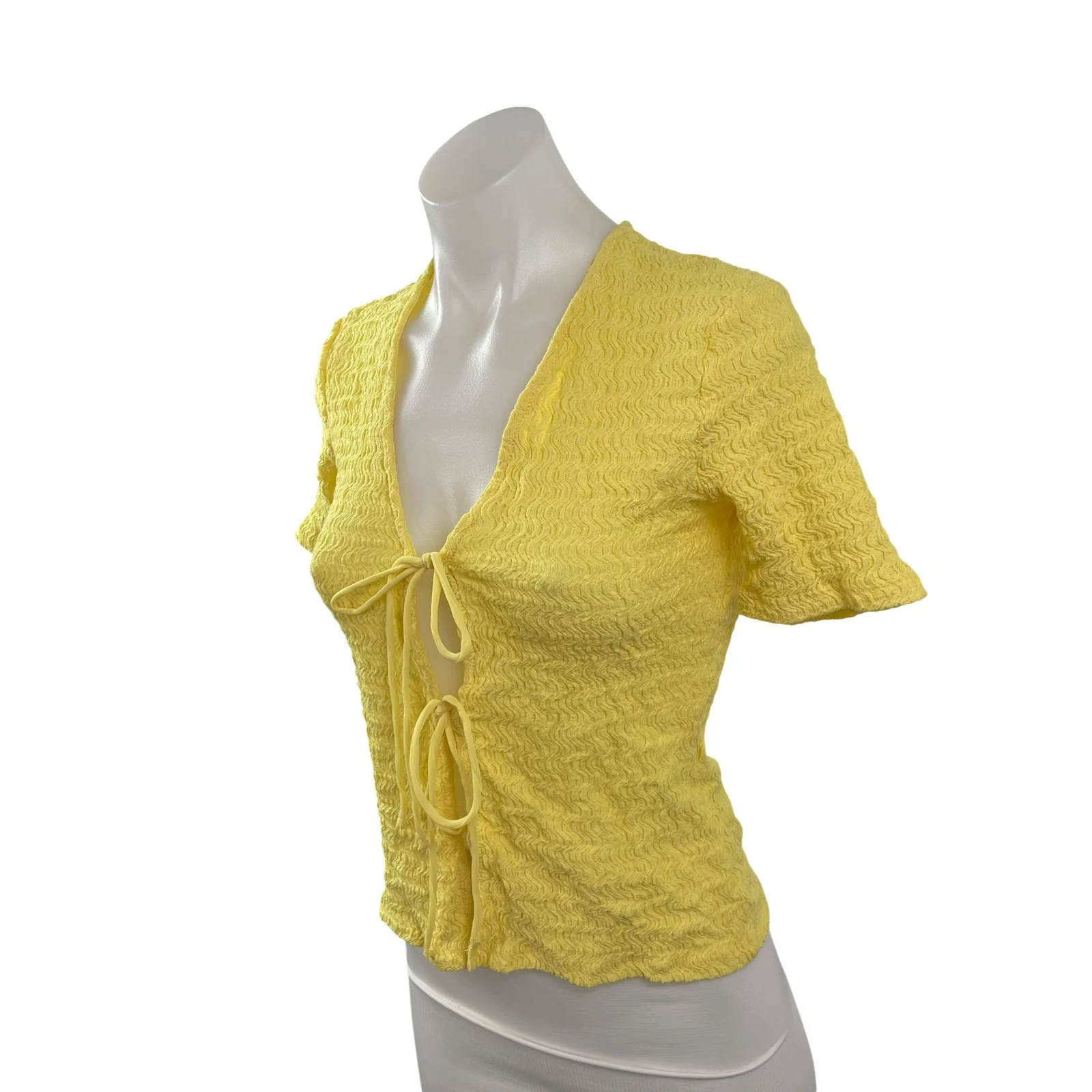 Zara Women's Yellow Smocked Tie Front V Neck Short Sleeve Crop Blouse Top Sz S - Image 4