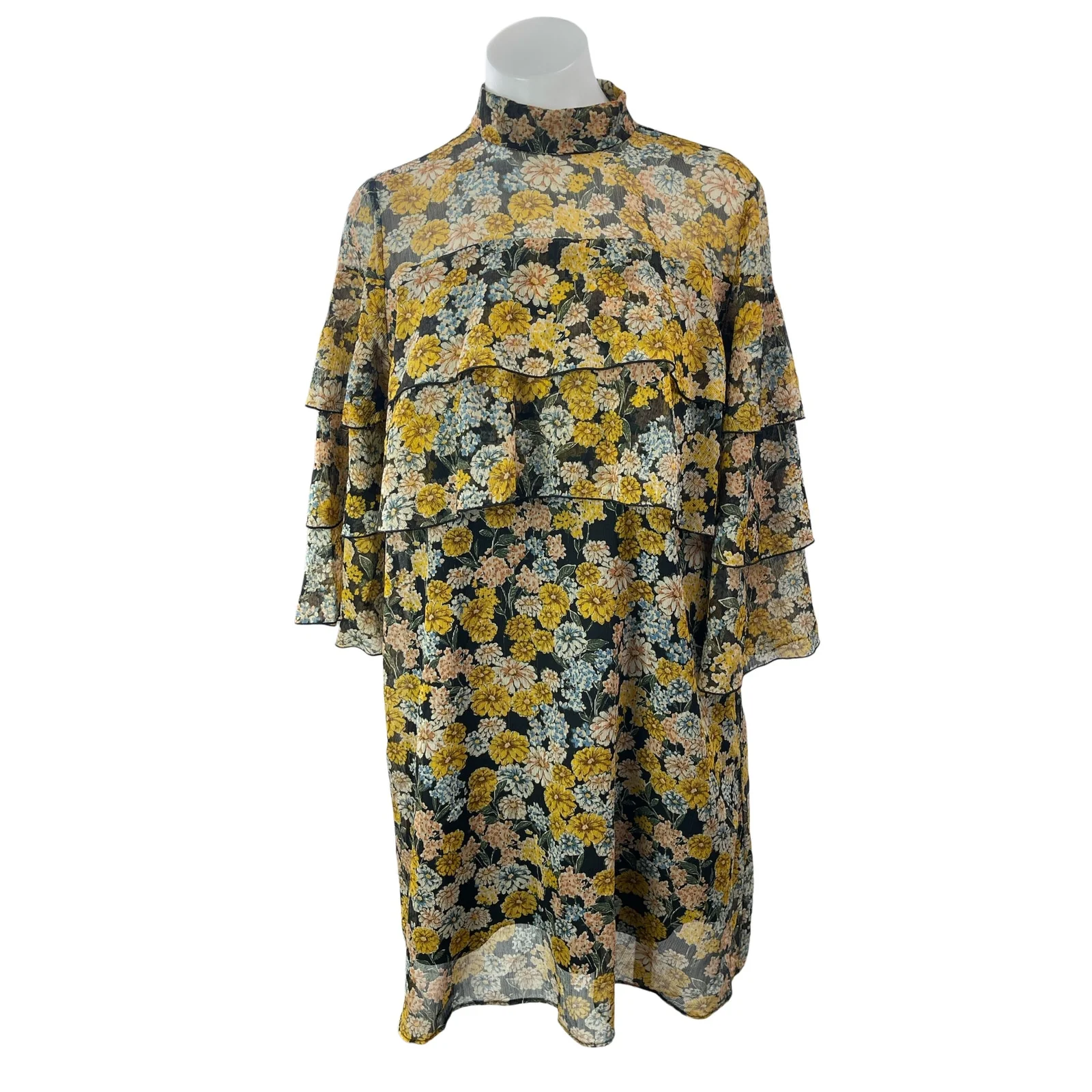 Zara Yellow Floral Ruffled 3/4 Sleeve High Neck Babydoll Mini Shift Dress Size S