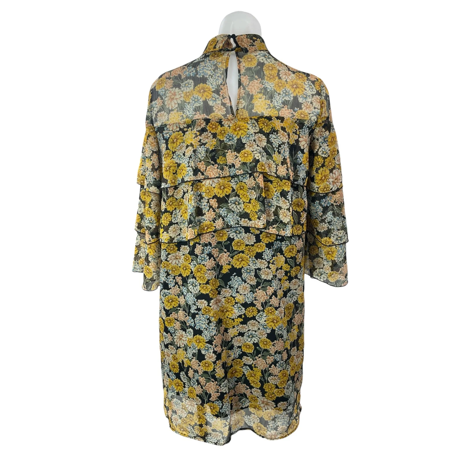 Zara Yellow Floral Ruffled 3/4 Sleeve High Neck Babydoll Mini Shift Dress Size S - Image 2