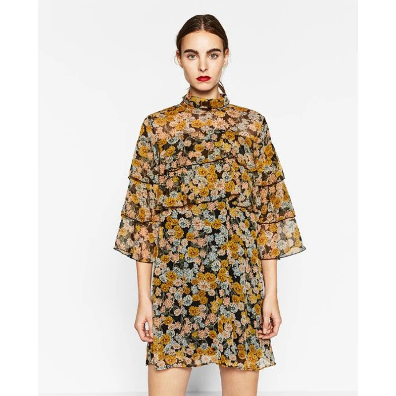 Zara Yellow Floral Ruffled 3/4 Sleeve High Neck Babydoll Mini Shift Dress Size S - Image 5