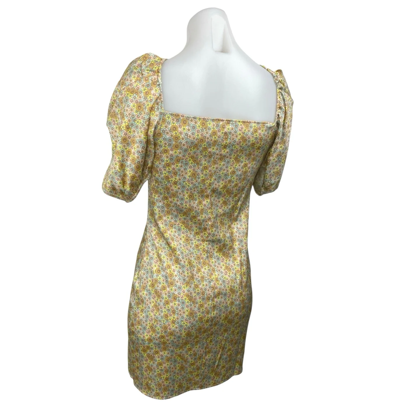 Zara Yellow Floral Silk Satin Short Puff Sleeve Bustier Mini Bodycon Dress Sz M - Image 2