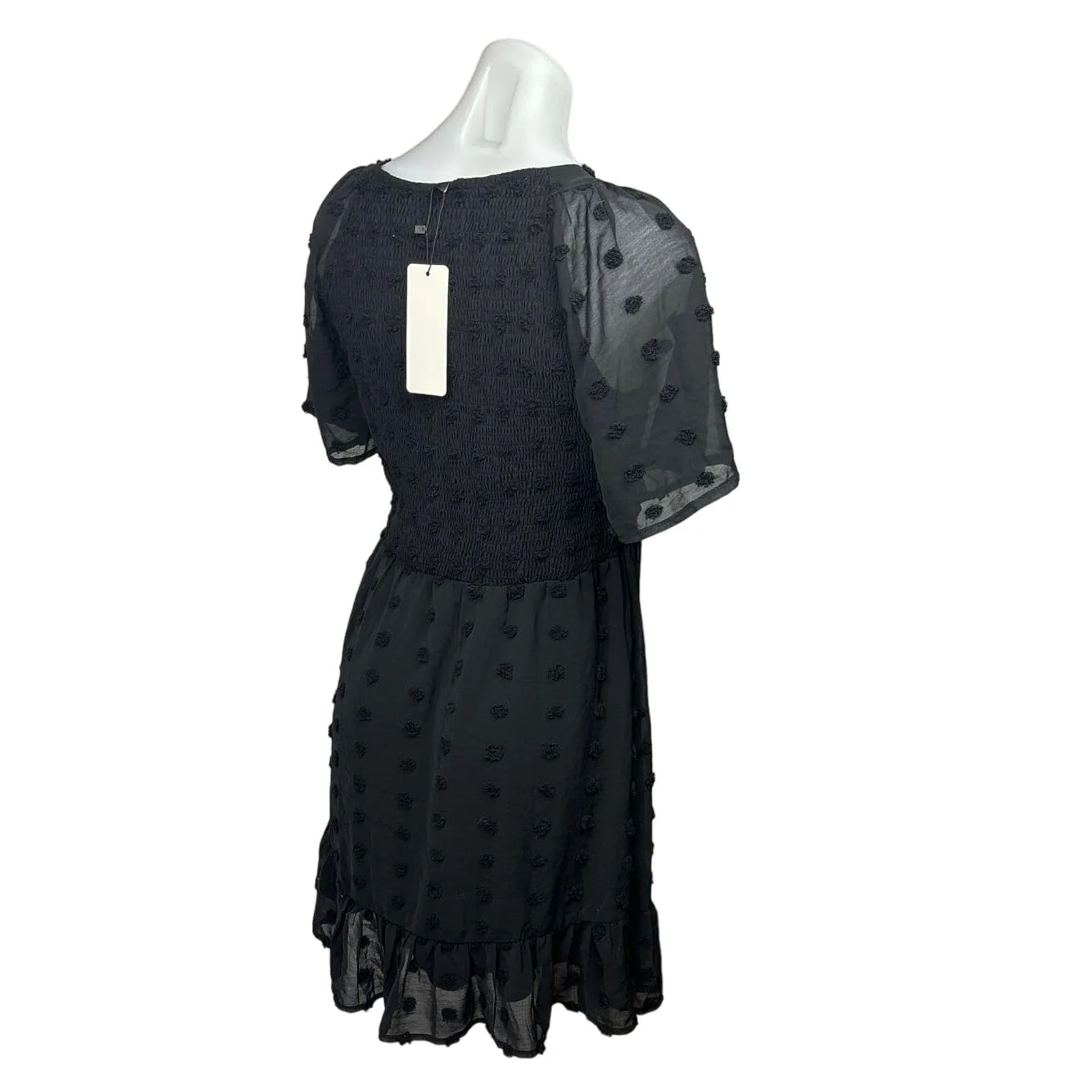Zattcas NWT Black Mesh Flutter Ruffle Sleeve Popcorn Polka Dot Mini Dress Size M - Image 3