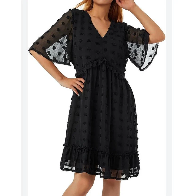 Zattcas NWT Black Mesh Flutter Ruffle Sleeve Popcorn Polka Dot Mini Dress Size M - Image 4