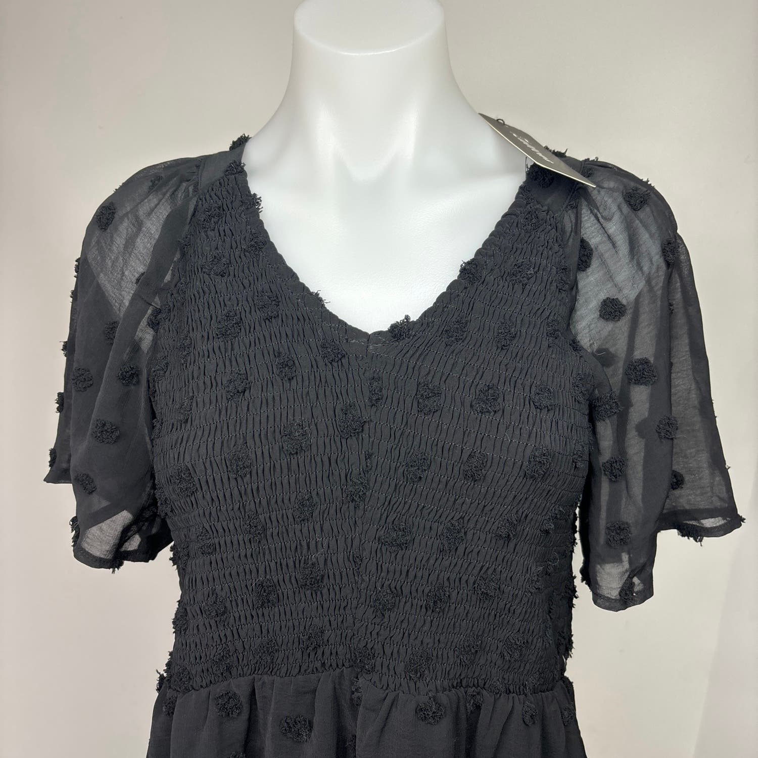 Zattcas NWT Black Mesh Flutter Ruffle Sleeve Popcorn Polka Dot Mini Dress Size M - Image 5