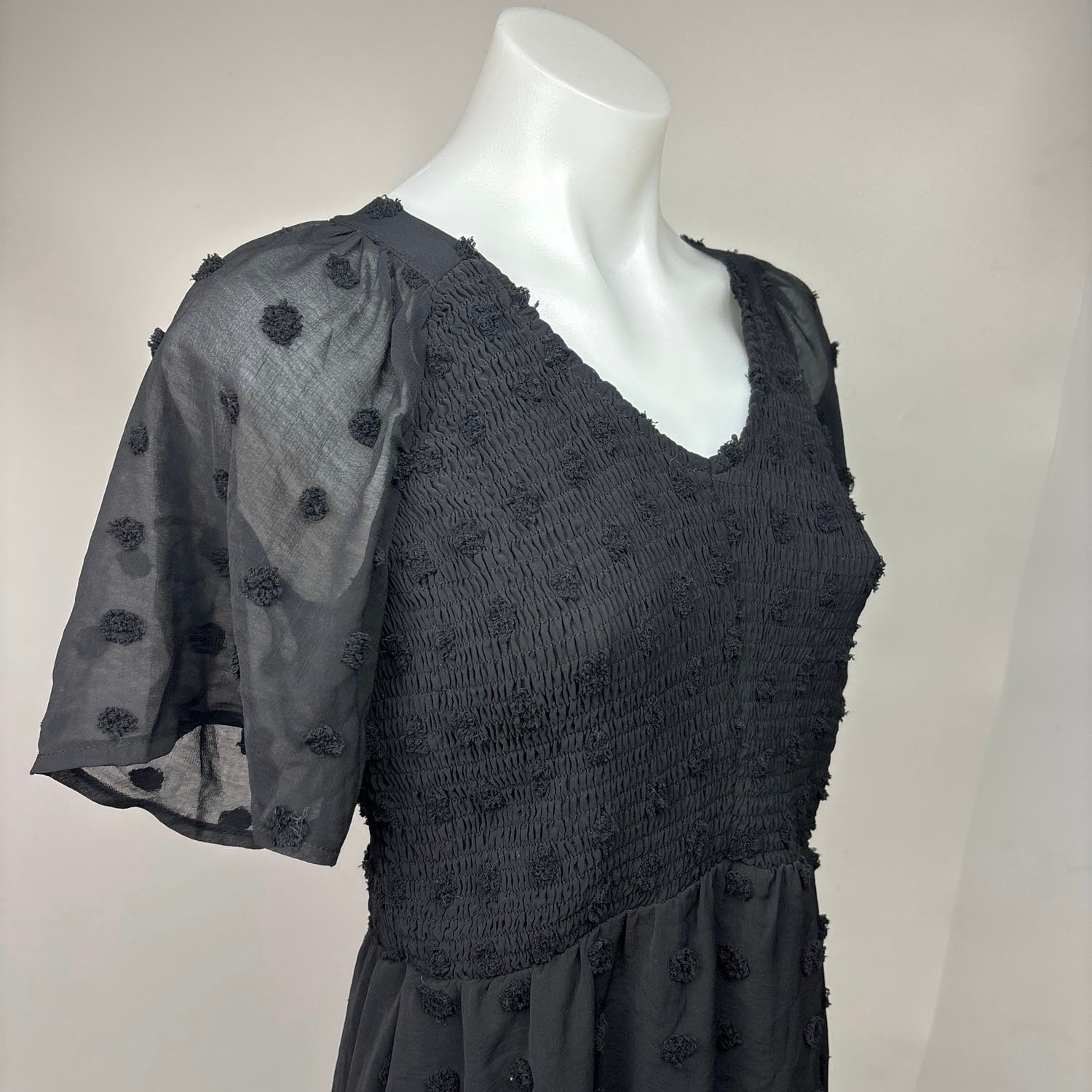 Zattcas NWT Black Mesh Flutter Ruffle Sleeve Popcorn Polka Dot Mini Dress Size M - Image 7