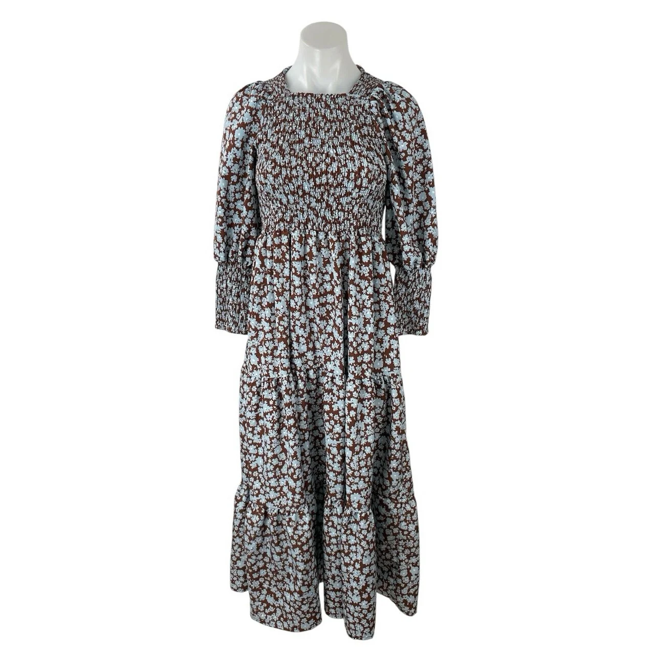 Zoya Brown Floral Shirred Long Balloon Sleeve Smocked Tiered A Line Maxi Dress 2