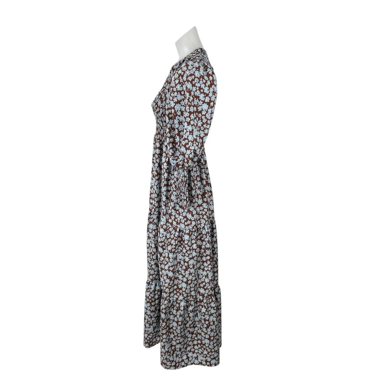 Zoya Brown Floral Shirred Long Balloon Sleeve Smocked Tiered A Line Maxi Dress 2 - Image 2