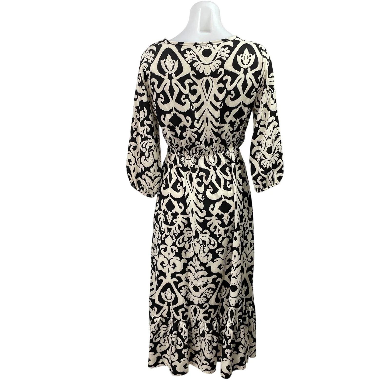 Zuiki Black White Tapestry Print 3/4 Sleeve V Neck Faux Wrap A Line Midi Dress S - Image 3